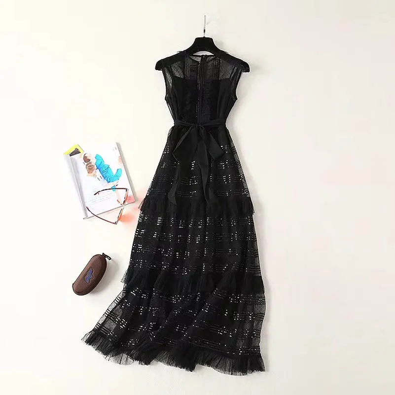 Цянь Хан Цзы новейшее летнее дизайнерское подиумное Макси платье женское без рукавов расшитое блестками кружево ретро черные вечерние длинное платье