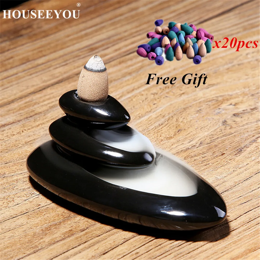 

HOUSEEYOU Backflow Incense Burner Creative High Mountain Waterfall Ceramic Censer Aromatherapy Holder + 20Pcs Free Incense Cones