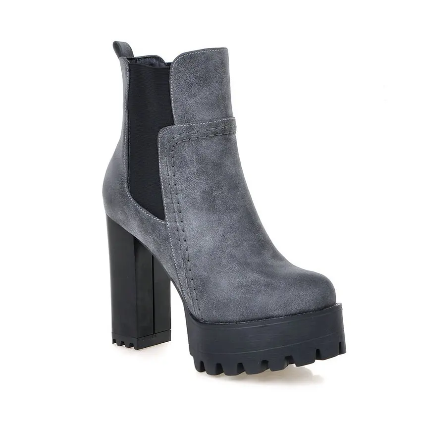 NESIMOO/; женские ботинки на высоком квадратном каблуке в западном стиле; однотонные ботильоны с эластичными лентами; ботинки на платформе с круглым носком; размеры 34-43 - Цвет: Серый