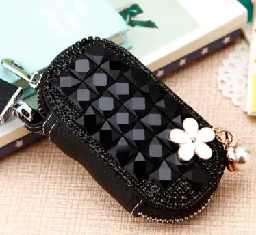 Корейский креативный подарок, роскошный высококачественный кошелек с бриллиантовыми цветами из натуральной кожи для автомобильных ключей, Дамский модный кошелек, ключница, держатели - Цвет: Черный