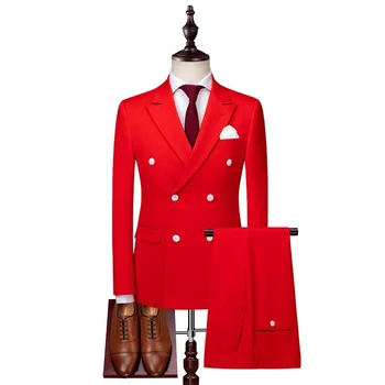 

Custom men's red double-breasted suit men suits for wedding (jacket + pants ) men's business formal suit wedding groom dress