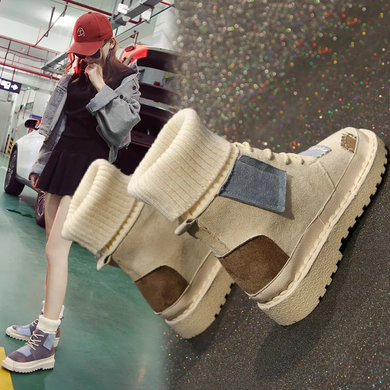 

2018 New Winter Women Boots Shoes Waterproof Sleeves High Tube Canvas Flat Boots Tower Buckle Stitching Zapatos Mujer 586
