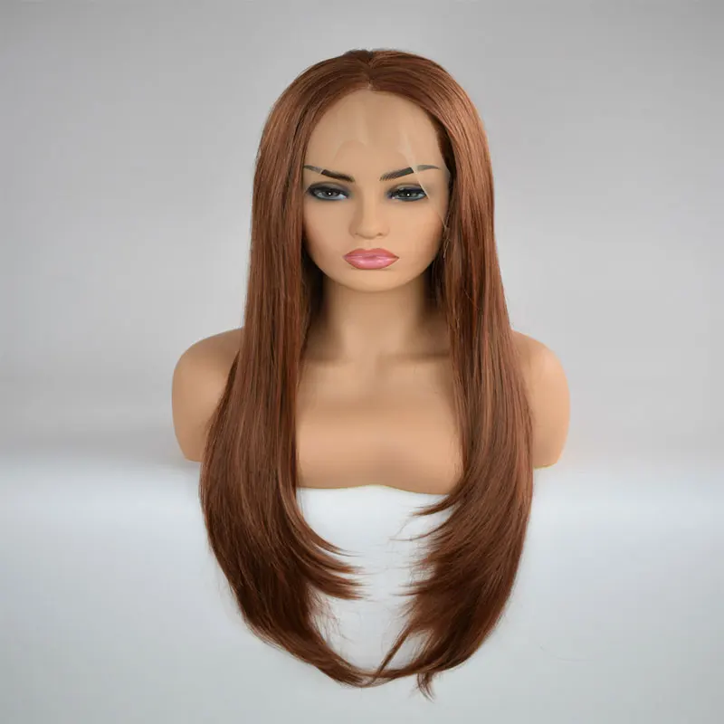 

Bombshell Mix Brown Natural Straight Synthetic Hand Tied Lace Front Wig Heat Resistant Fiber Hair Middle Part For White Women
