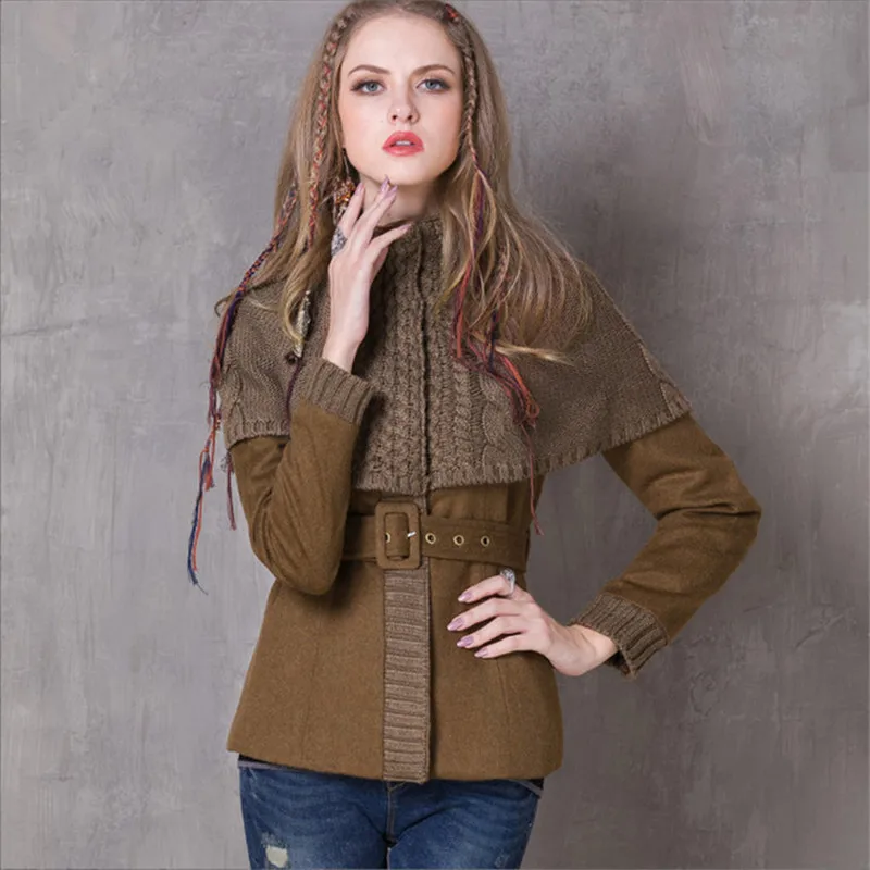 Vintage Fake 2 pieces Winter Cloak Women Coat Wool Coats Long Sleeve Knitting Cloak Woolen Coat Patchwork Belted Bodycon Casacos