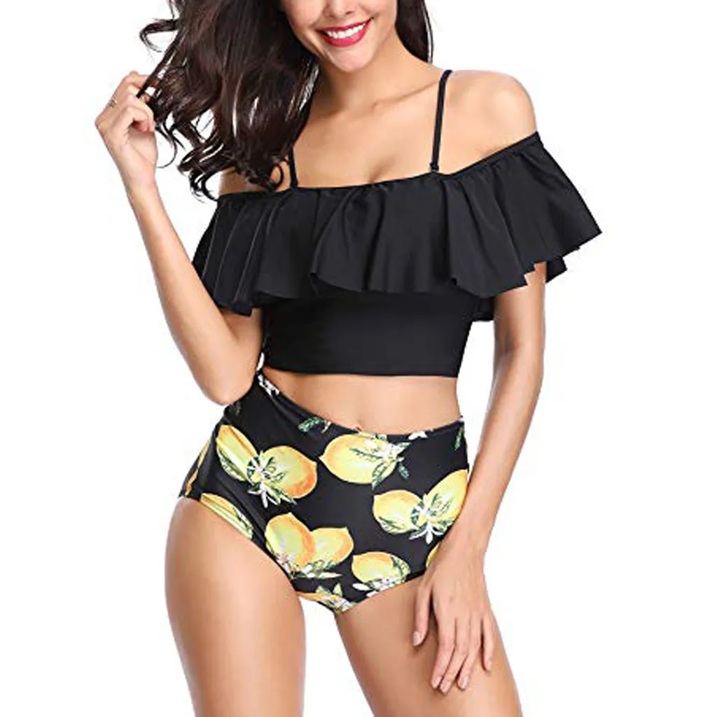 

Sexy Women Ruffle Bikini Set High Waist Swimsuit Strap Floral Dot Print Swimwear Bikinis 2019 Mujer Brazilian Bikini Monokini