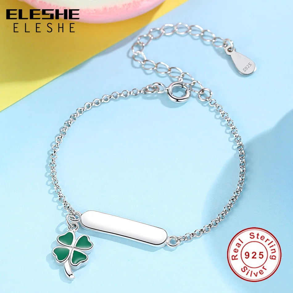 ELESHE Fashion 925 Sterling Silver Green Clover Charm Bracelet & Bangle For Girls Custom Name Bracelets Personalized Jewelry