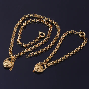 

Heart Padlock Wedding Jewelry Set Yellow Gold Filled Womens Necklace+Bracelet Set Accessories
