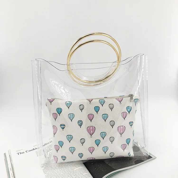 

2019 Hot Sale Transparent PVC Handbag Women Personality Composite Bag Sweet Lady Crystal Jelly Clear Beach Bag Metal Ring Totes
