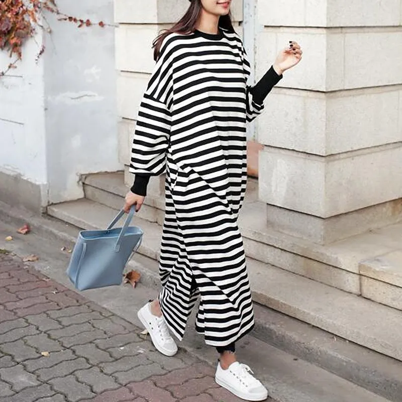 

Bat Sleeve Plus Size Striped Women Dress O neck Placket Split Side Floor Length large sizes Summer Wrap Robe Longue Femme Dresse