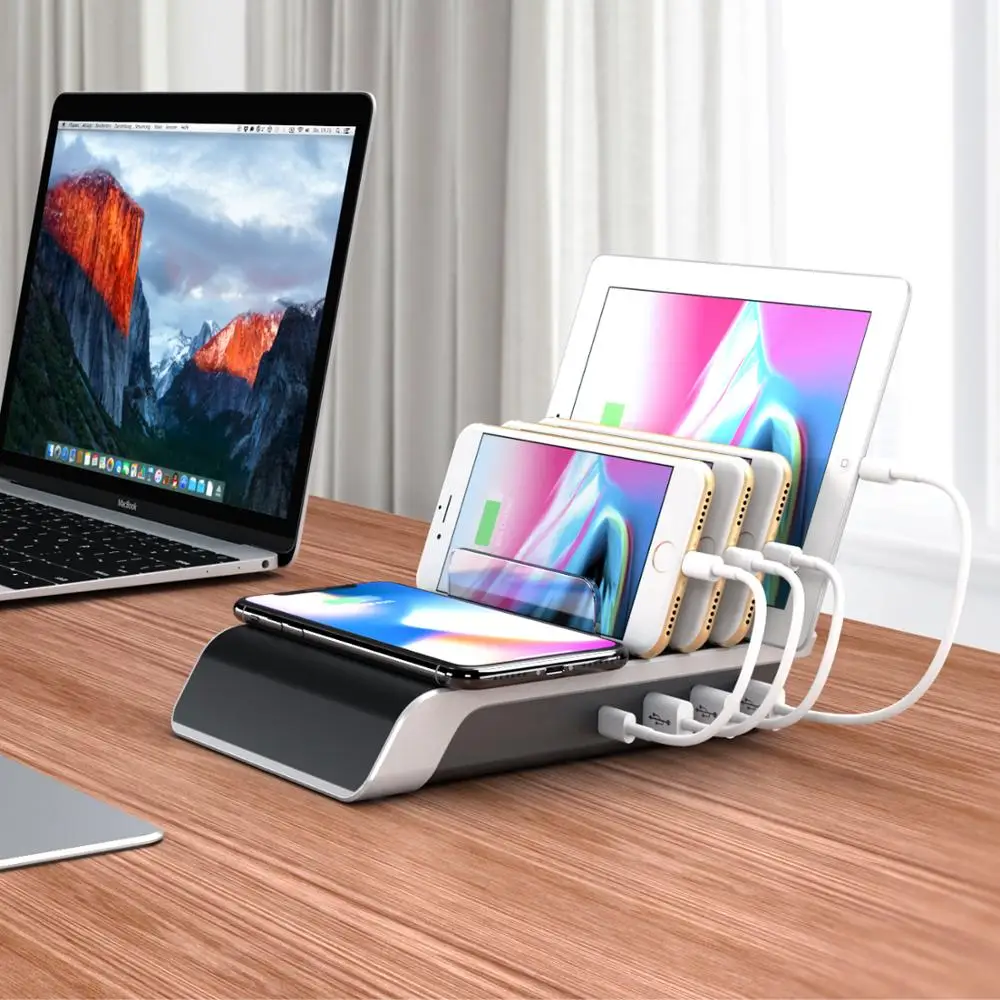 

5-in-1 45W desktop Faster Charging Station Multiple Charger Dock Organizer Stand with ４ USB Ports 10W Wireless Charging Pad