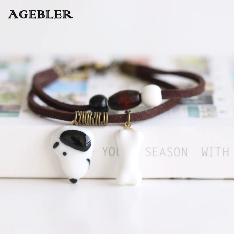 

Fashion Cute Creative Dog and Bone Pattern Hand Pinch Ceramic Bracelet & Bangle Double Layer Leather Delicate Jewelry Wholesale