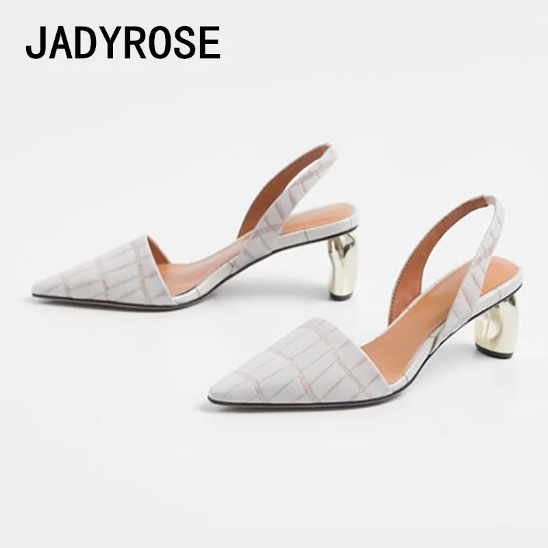 

Beige Leather Women Pointed Toe Pumps Slingback 5cm Metal High Heels Summer Wedding Shoes Black Office Work Shoes Formal Sandals