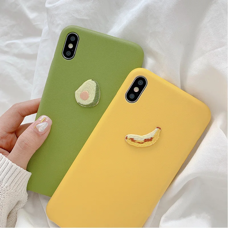 

Summer fruit Avocado embroidery case for iphone 7 8 6 6s plus x xs xr xsmax banana scrub soft leather skin cover for iphone case