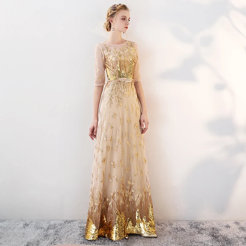 Gold Evening Dresses Long 2019 New Elegant O-neck A-line Floor-Length Sequined Formal Dresses Luxury Evening Gowns For Women Gold Evening Dresses Long 2019 New Elegant O-neck A-line Floor-Length Sequined Formal Dresses Luxury Evening Gowns For Women