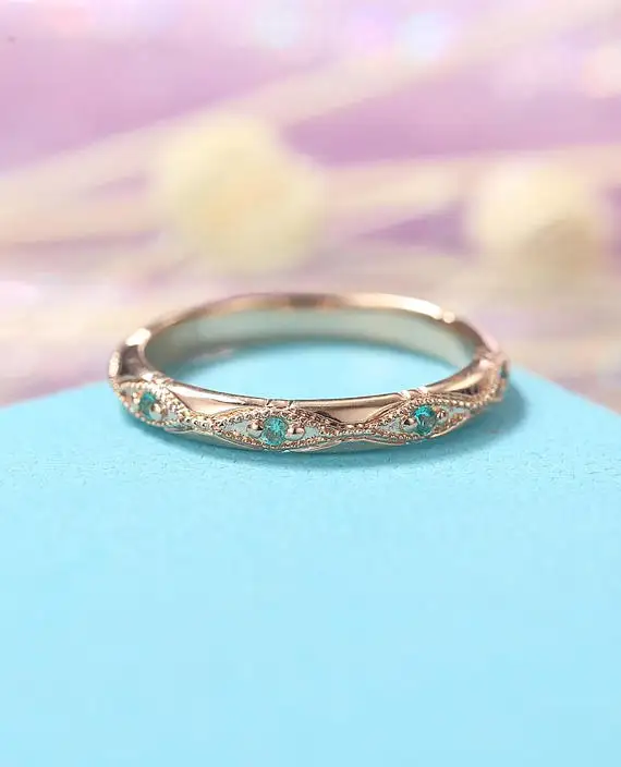 

MYRAY Natural Green Emerald Wedding Band Solid 14k Rose Gold Filigree Antique Wedding Engagement Ring Bridal Set Anniversary Set