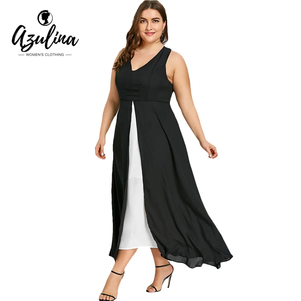 AZULINA Plus Size Tank Dress Summer V Neck Sleeveless Ankle Length A