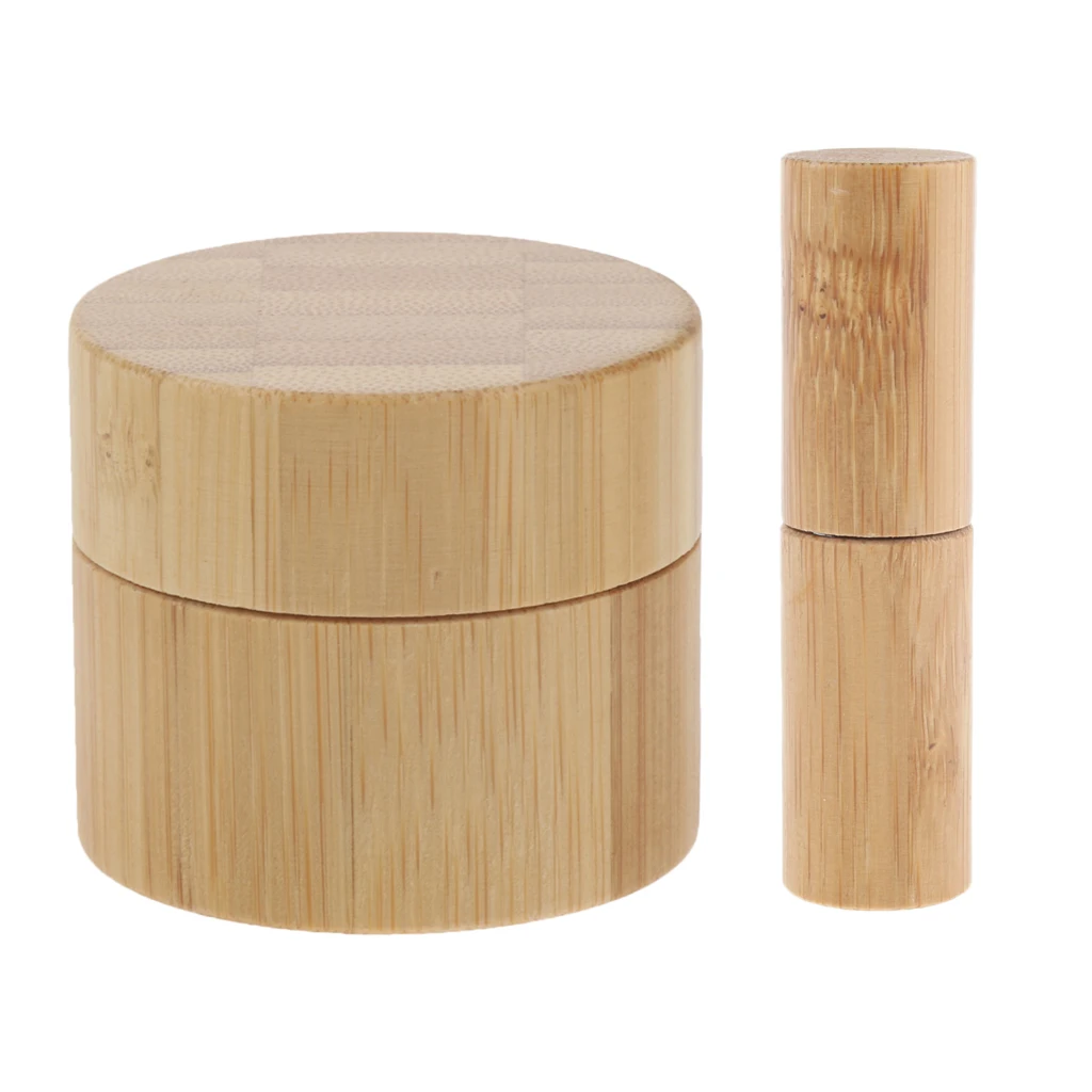 Natural Wood Glass Refillable Empty Roller Wood Glass Bottle + Lip Balm Cream Jar Pot for Travel Cosmetic Makeup