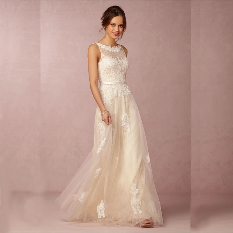 Simple Cheap Champagne Wedding Dress 2016 Lace Bride Dresses A