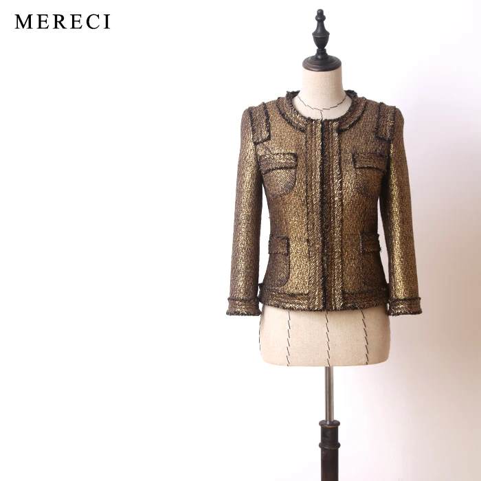 High quality Women formal tweed short jacket metal gold color elegant