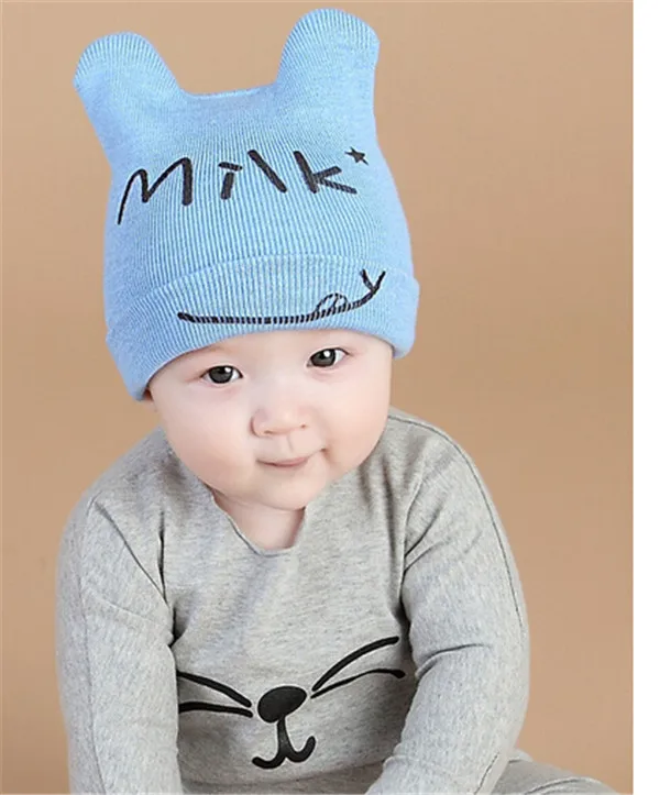 Зимняя теплая детская шапка, Новые Вязаные Шапочки для малышей с надписью «milk words», двойные комплекты головных уборов, шапка для малышей,, розничная, детские головные уборы - Цвет: sky milk