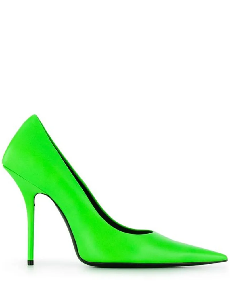 Paris Runway Shoes Woman Sandals Square Knife Fluorescent Neon-Green Leather Pumps Women Shoes zapatos de mujer