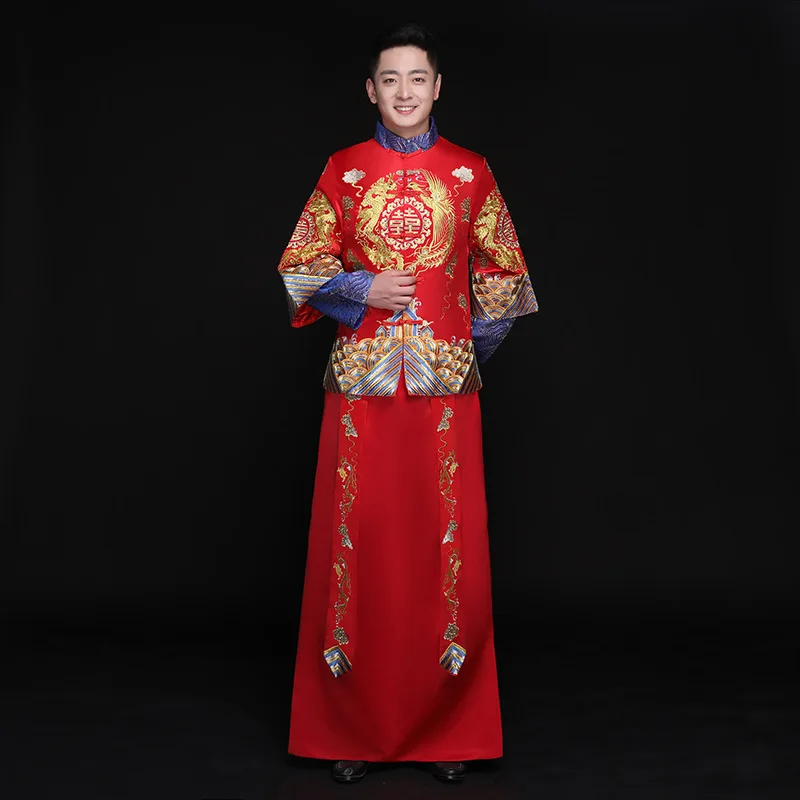 

male red cheongsam toast costumes grooms dress jacket long gown traditional Chinese style wedding Qipao men embroidery tang suit