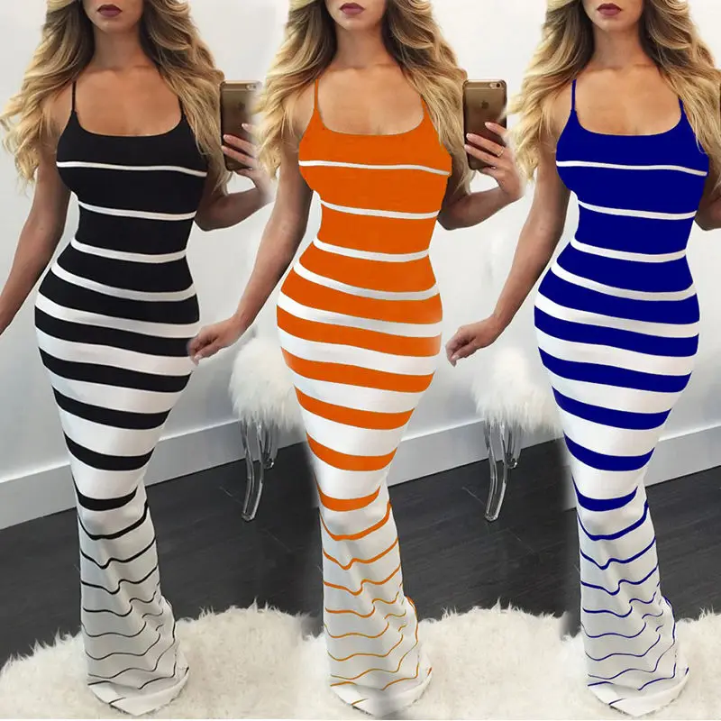 

New Women Summer Casual Bandage Bodycon Evening Party Striped Sleeveless Long Maxi Dress