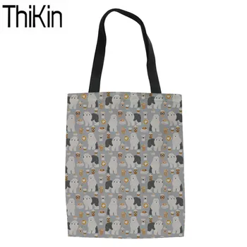 

THIKIN Old English Shepherd Printed Shopping Bags Women Canvas Tote Bag Ladies Shoulder Shopper Bags for Recycle Eco Bag Storage