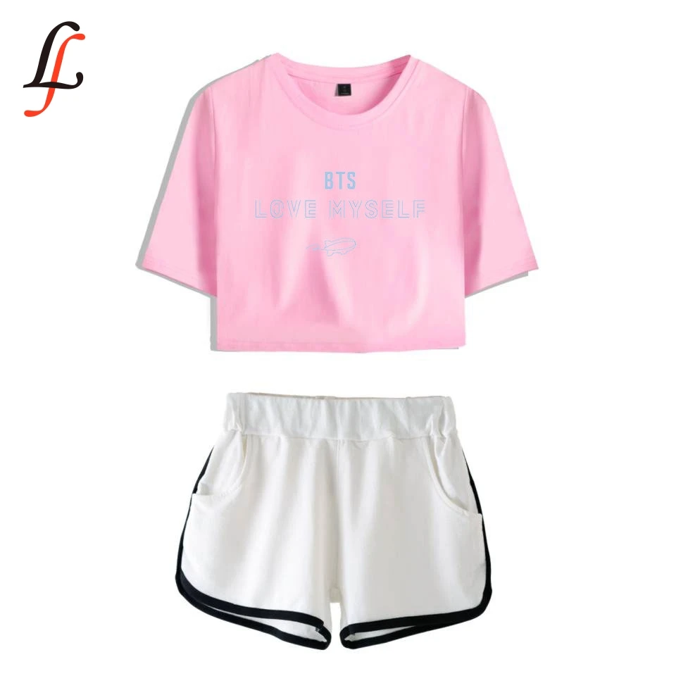 BTS Love Myself Two Piece Set short Sleeve short Tops And middle Waist Shorts Suits New Female Fitness  combinaison femme