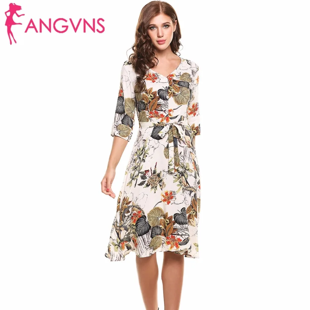 ANGVNS Casual Print Dress Dresses Ladies Summer Elegant Vestidos 2017 New Hot Women 3 4 Sleeve