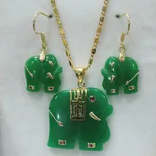 Очаровательная! Натуральный 14KGP зеленый нефритовый слон кулон ожерелье серьги набор