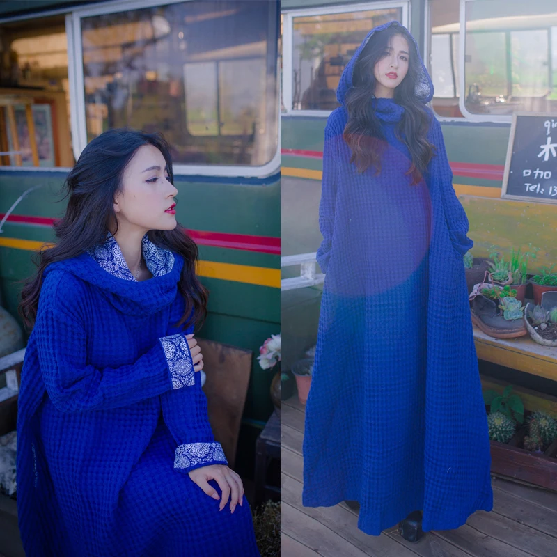 

Free ship women ladies royal blue folk personalized hood gown, long gowns with hood/witch cosply/daily wear hooded cloak gowns