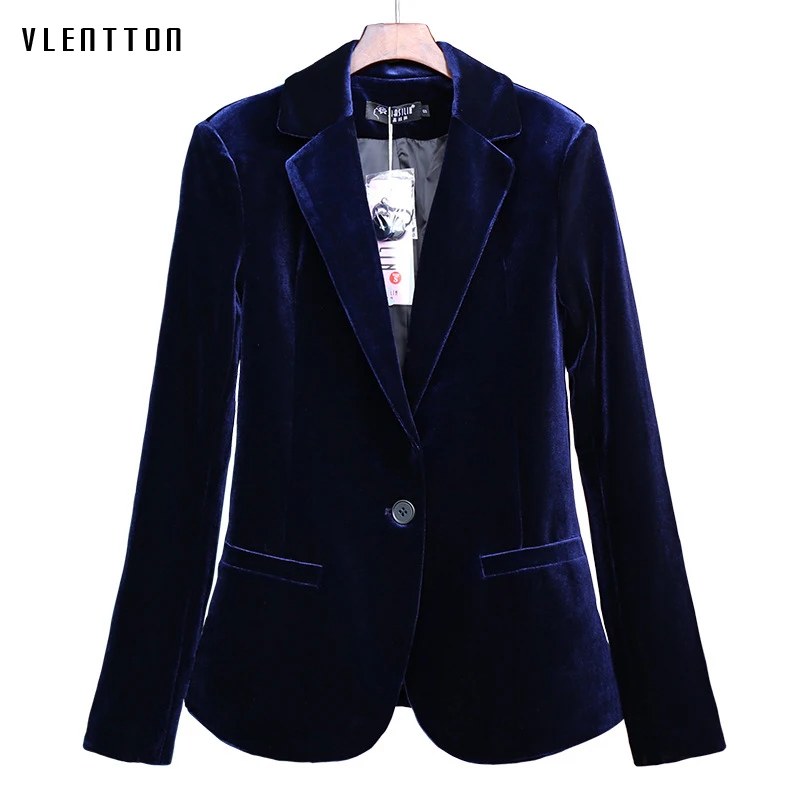 Kopen Hoge Kwaliteit 2019 Nieuwe Fluwelen Vrouwen Blazer Blauw Elegante Dame Blazers Suits Plus Size Lange Mouwen Slim Office Suit jas