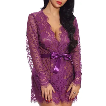 

2019 New hot Fashion Women Lace Sexy Lingerie Striped Robe With Belt Sleepwear Кружвное одеяние Wholesale T3