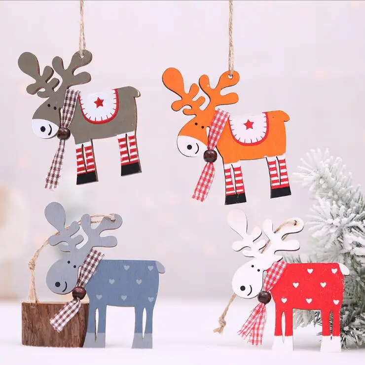 

3PCS Christmas Cartoon Deer Wooden Pendants Ornament Colorful Xmas Tree Ornament Wood Crafts For Home Christmas Party Decoration