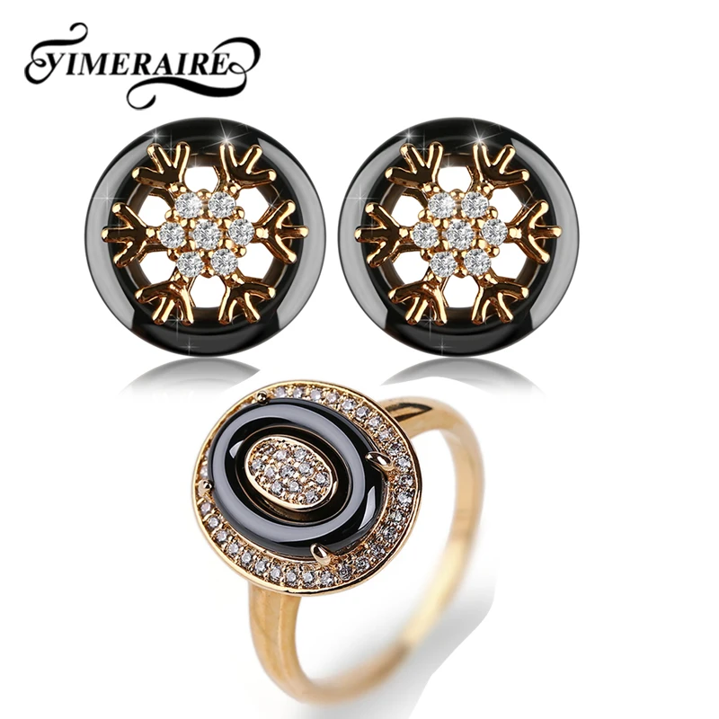 New Round Jewelry Set For Women Vintage Gold Black Ceramic Rhinestone Ring Snow Stud Earrings Anniversary Gifts Fashion | Украшения и