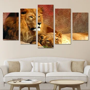 

HD Wall Canvas Printed Modern Living Room Pictures 5 Panel Animal Lion Painting Art Modular Home Decoration Poster Frame