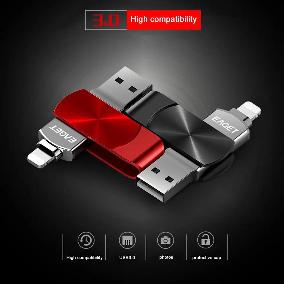 EAGET I66 USB 3,0 OTG 64G 128G металлическая Флешка шифрование флэш-накопитель с отверстием для ключей диск для iPhone PC ноутбук черный красный