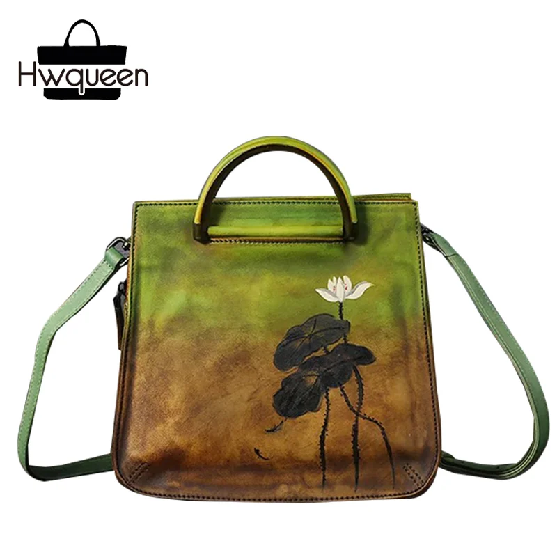 

Vintage Lotus Flower Designer Genuine Leather Metal Handle Female Women's Handbag Real Cowhide Ladies Floral Cross Shoulder Bag