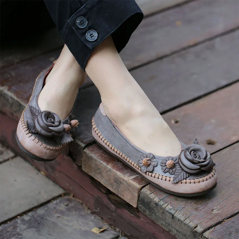 

2019 Spring Women Flat Shoes Handmade Flowers Round Head Ballet Flats Slip On Casual Shoes Woman Soft Bottom 35-42