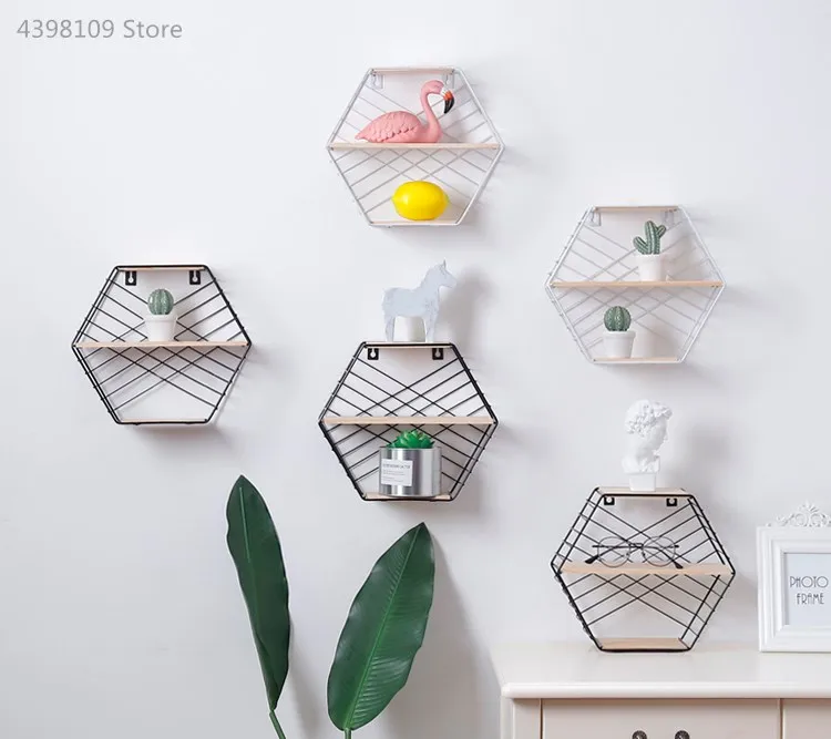 

Nordic metal iron frame wall-mounted storage rack simple striped hexagonal shelf home wall mount