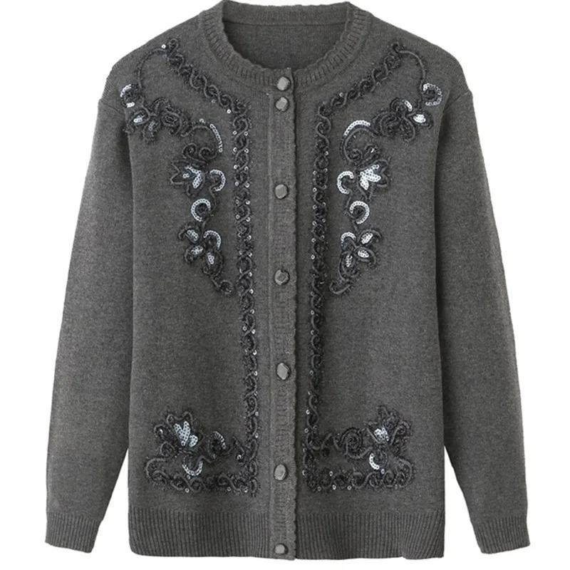 UHYTGF Spring Autumn Jacket Knitted Sweaters Women Shirts Coat Fashion Cardigan Plus size Knit Tops Loose Embroidery Sweater 46