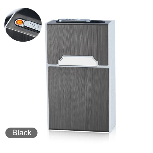 Metal Cigarette Case Box with USB Lighter 20pcs Capacity Waterproof Cigarette Holder Electronic Lighter Electric Gadgets for Men - Цвет: Black