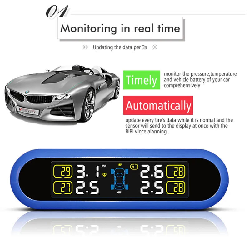 

4 Sensor Car Alarm System TPMS Tire Pressure Alarm Monitor System Solar Energy LED Display Screen Wireless TPMS