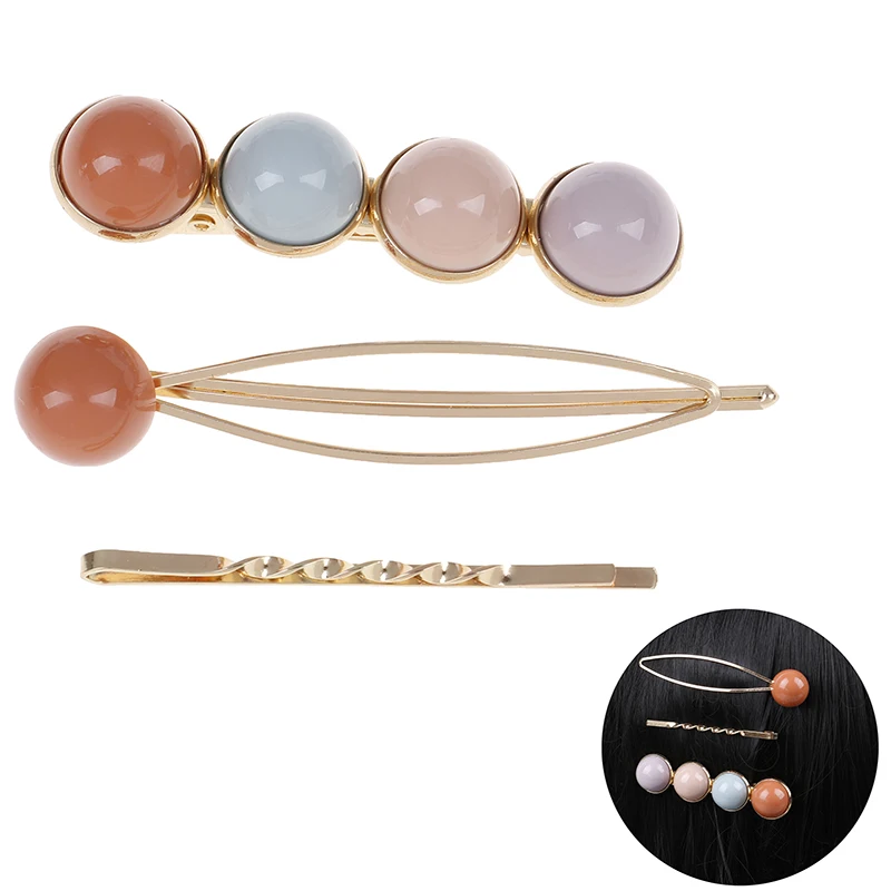 3PCS Korea Fashion Metal Hairpins Imitiation Pearl Colorful Beads Hair Clips Hairstyle Design Accessories Hair Styling Tool