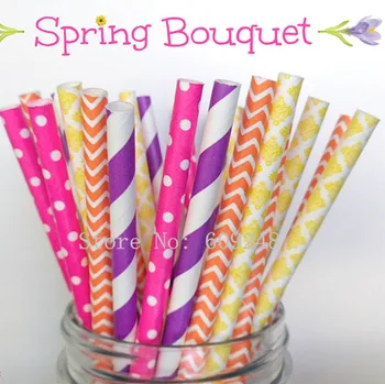 

100pcs Mixed Colors Spring Bouquet Party Paper Straws,Purple Stripe,Orange Chevron,Deep Pink Dot,Yellow Damask,Vintage Wedding