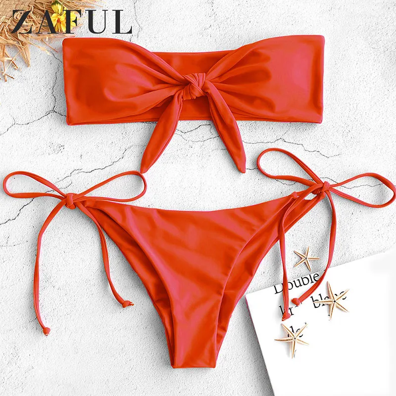  ZAFUL Floral Print Tie Bandeau Bikini Set Sexy Strapless High Waist Lace Up Women Brazilian Bathing