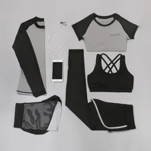 5 шт. комплект Для Женщин Йога лоскутное Йога бюстгальтер рубашка эластичные качества спортивный костюм одежда открытый Фитнес одежда для бега