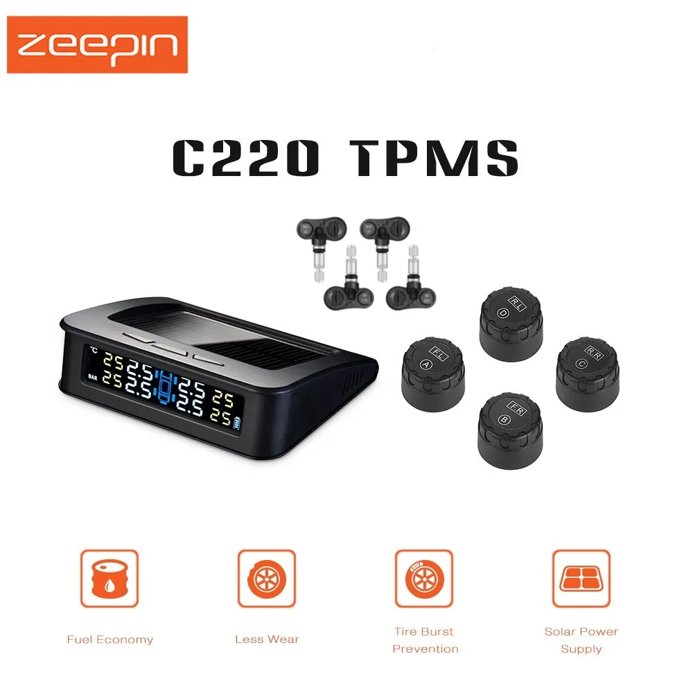 

ZEEPIN C220 Smart Car TPMS Solar Powered Tire Pressure Monitoring System Electronic Data Systems 4 External Or Internal Sensor