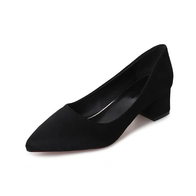 DRFARGO Women Worker Shoes 5cm Block Mid High Heels Classic Sexy Pointed Toe Flock Shallow Slip on Pink Red Black Grey SHOES